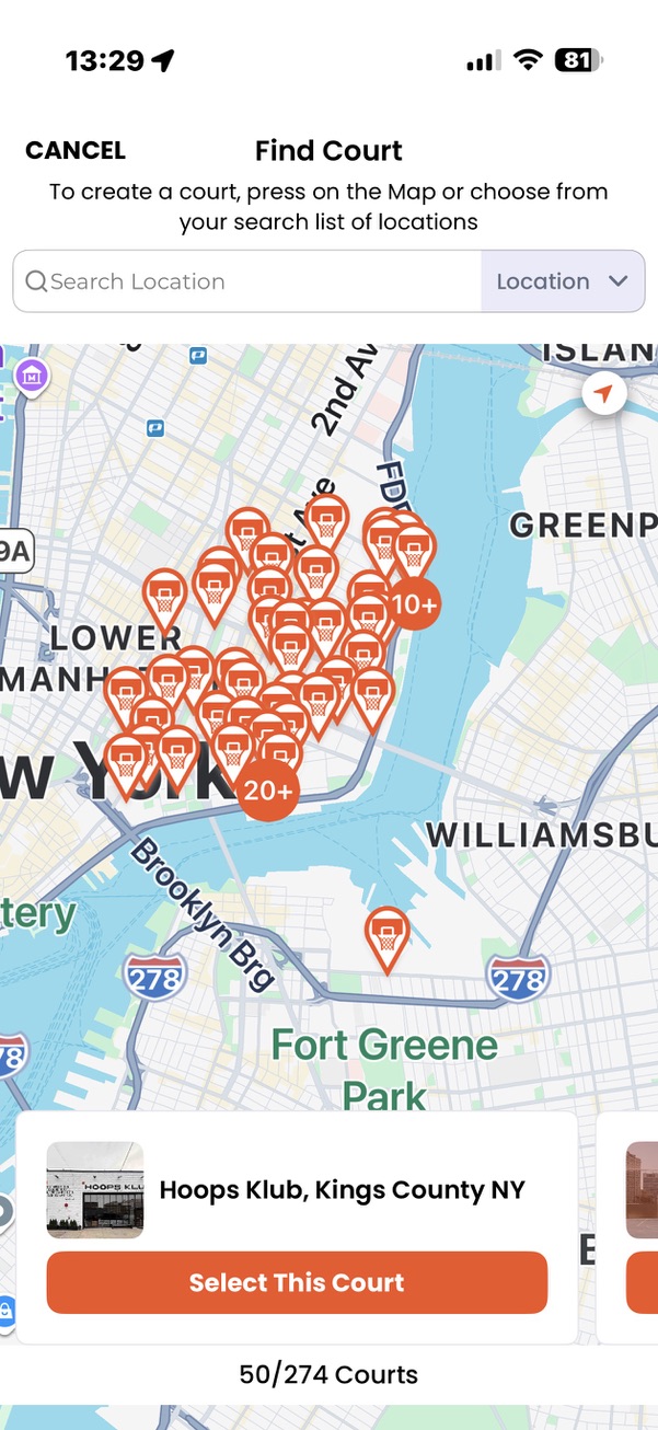 Find and select a basketball court on the map
