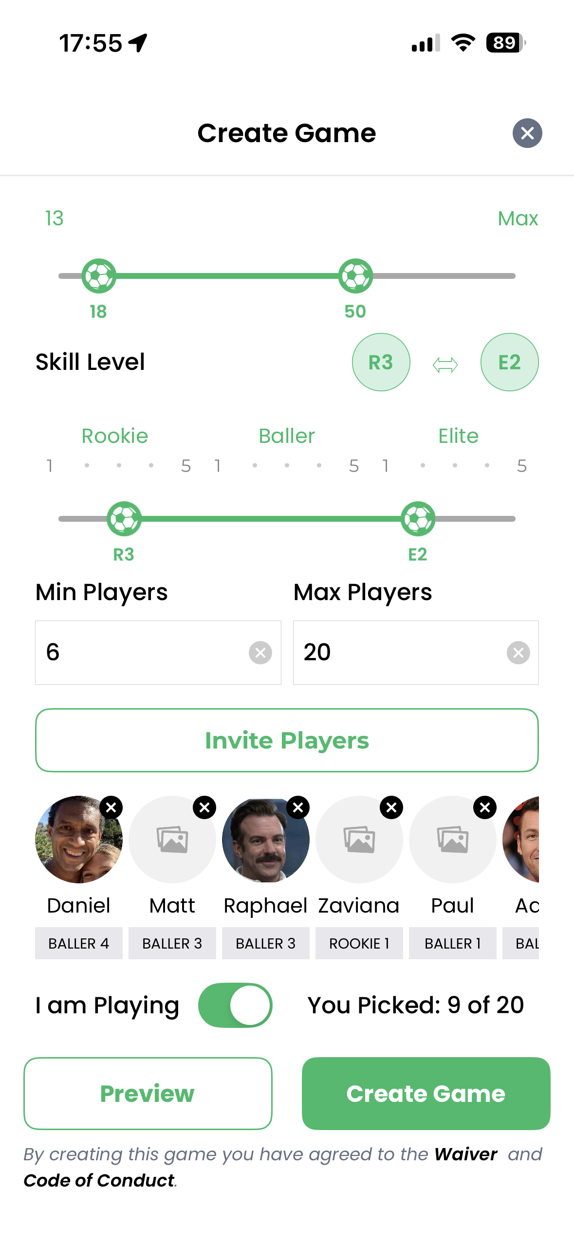Invite soccer players