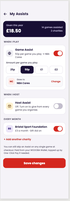 WOOOBA My Assists screen: £18.50 given this year across 14 games and 2 charities; Game Assist on at 50p per game to NBA Cares; Host Assist off; £3 a month to Bristol Sport Foundation with Gift Aid; Save changes button